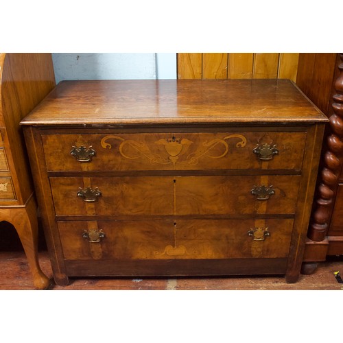 622 - A 19th century oak and inlaid walnut veneer chest of three graduated drawers, converted mule chest, ... 