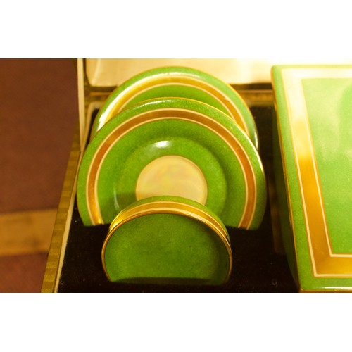 10 - 1930s Crown Devon Fieldings 'Art Deco' coffee set, decorated with mottled green grounds and horizont... 