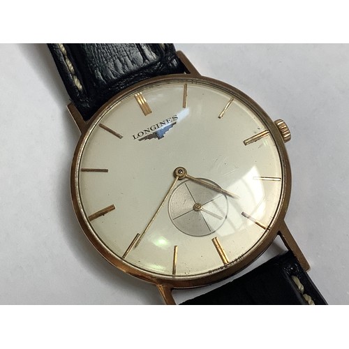 120 - A vintage 9ct gold cased gents Longines wristwatch, C.1950’s, the silvered dial with gilt batons den... 