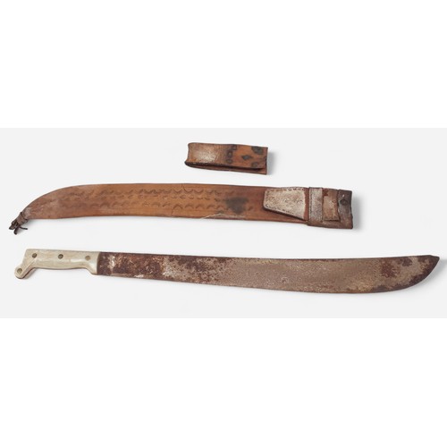 434 - An early 20th Century Parang sword and scabbard, two-piece horn handle, blade inscribed ‘No. 127 H’,... 