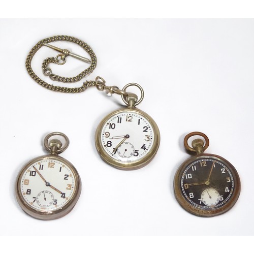 41 - Three various white-metal Military Issue open face pocket watches, including an example by Bravingto... 