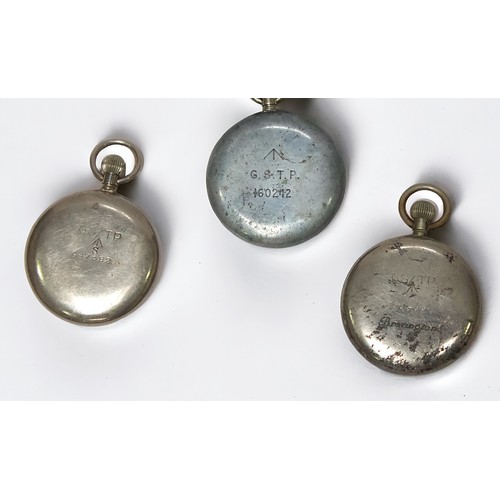 41 - Three various white-metal Military Issue open face pocket watches, including an example by Bravingto... 