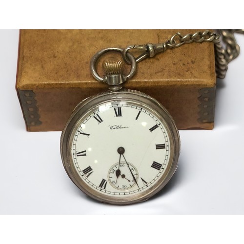 38 - A silver-cased open face pocket watch by Waltham, the white enamel dial with Roman numerals denoting... 