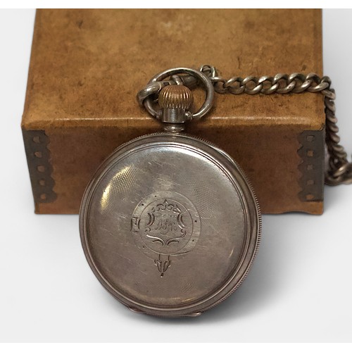 38 - A silver-cased open face pocket watch by Waltham, the white enamel dial with Roman numerals denoting... 