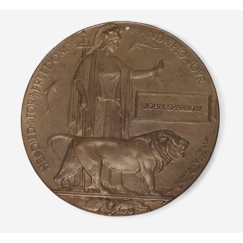 28 - A WWI Bronze Commemorative Plaque, or ‘Death Penny’, named to John Sparrow who served with the South... 