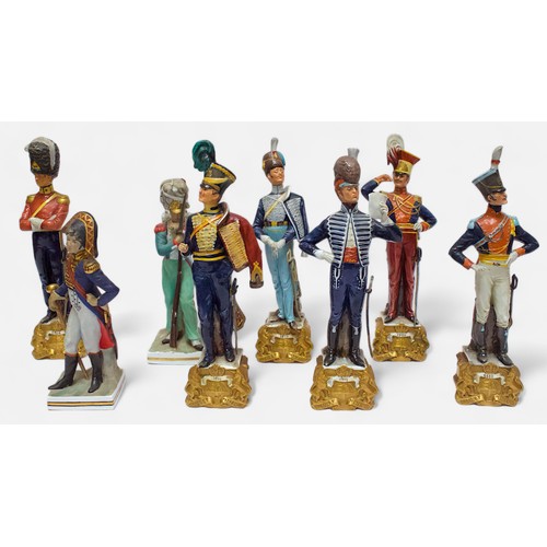 42 - A set of six ‘Bruno Merli’ Porcelain figures of late 18th & 19th Century British Military soldiers, ... 