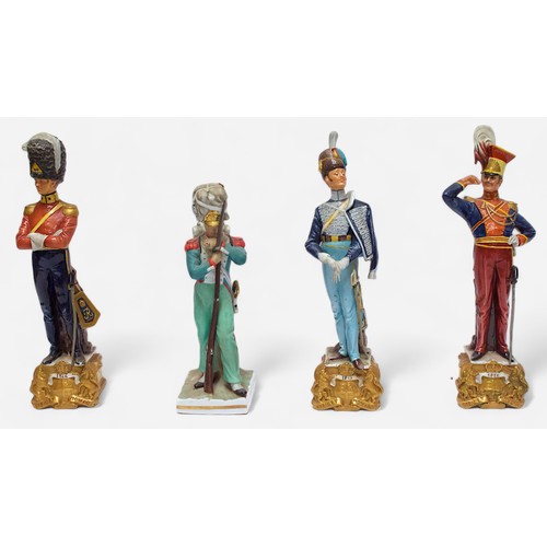 42 - A set of six ‘Bruno Merli’ Porcelain figures of late 18th & 19th Century British Military soldiers, ... 