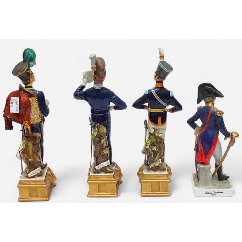 42 - A set of six ‘Bruno Merli’ Porcelain figures of late 18th & 19th Century British Military soldiers, ... 