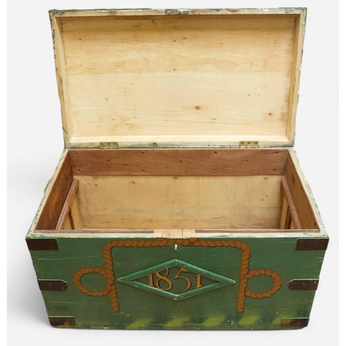 29 - A large metal-bound wooden sea chest, later painted green and with nautical decoration to the top an... 