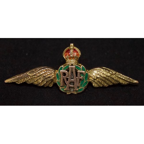 57 - A 9ct gold and enamel RAF Sweetheart Brooch, with 'RAF' monogram within green laurel wreath below an... 