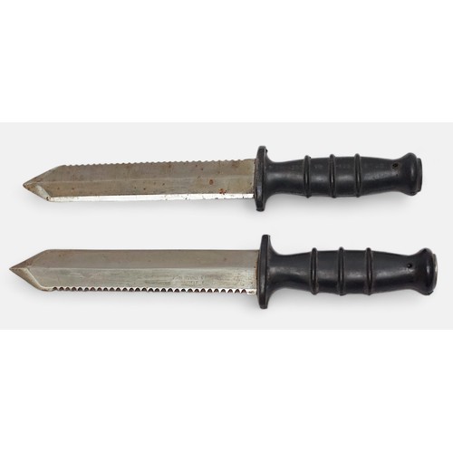 25 - Two John Nowill & Sons Ltd, Sheffield, double edged diving knives, both with black rubber grips and ... 