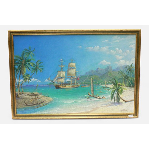 588 - Stanley Francis Smitheman.  HMS Bounty at Matavai Bay, Tahiti, 1788, signed, acrylic on canvas, insc... 