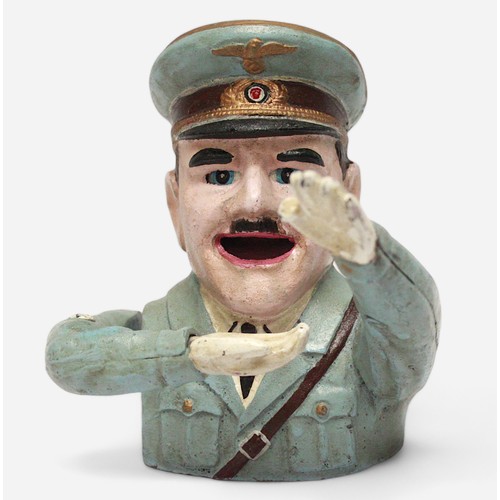 137 - A novelty cast iron money box modelled as Adolf Hitler, inscribed Hamburg 1936 to base, 17cm tall