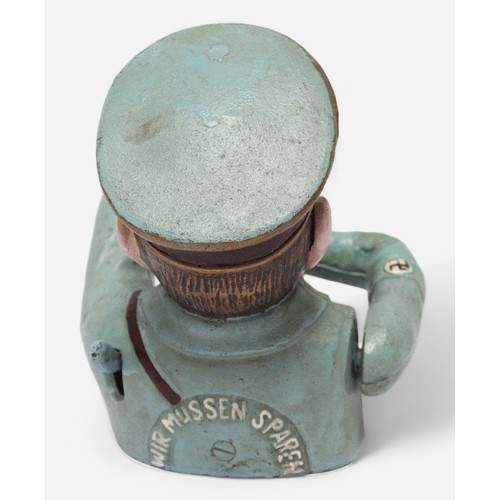 137 - A novelty cast iron money box modelled as Adolf Hitler, inscribed Hamburg 1936 to base, 17cm tall