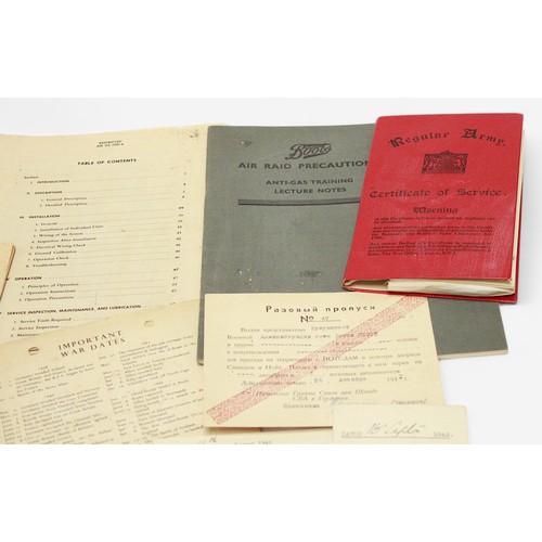 134 - A collection of WWII documentation and ephemera, comprising Regular Army Certificate of Service book... 