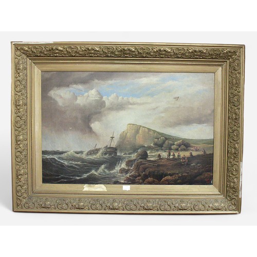 595 - A 19th century coastal study with boat on choppy waters and figures on a cliff edge, with further cl... 