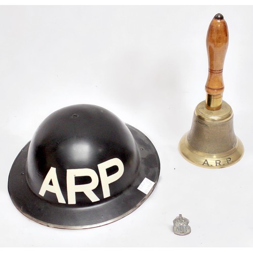 139 - A WW2 Air Raid Precaution handbell, wooden gas alarm stamped 'A.R.P. W. CLEMENTS & Sons, 1939,' hall... 