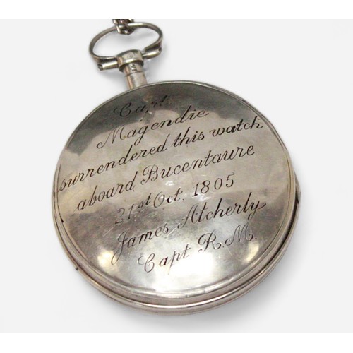 169 - Battle of Trafalgar Interest: A late 18th/early 19th Century silver cased open-face pocket watch, th... 