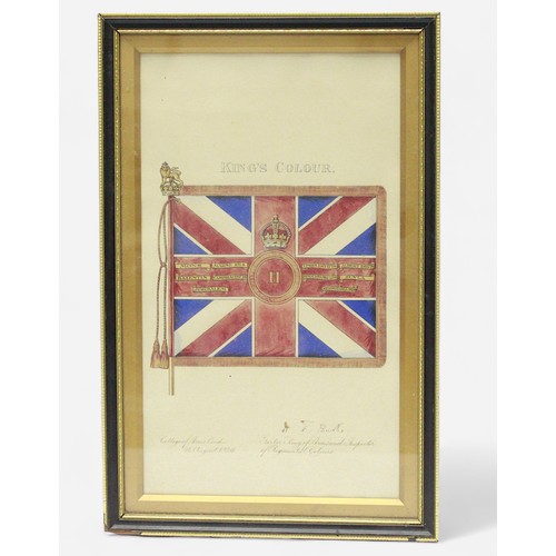 608 - A hand-painted framed display 'The King's Colour, 'The King's Own Royal Lancaster Regiment' with cre... 