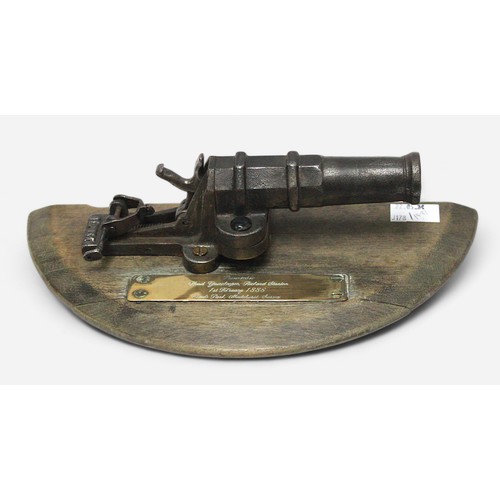 185 - A Victorian gamekeepers poachers Alarm, miniature iron cannon, presented as a memento of service, wi... 