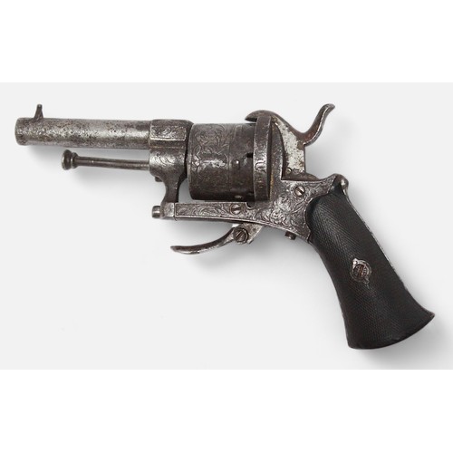 182 - A Belgian pinfire pocket revolver, with all over scrolled foliate engraving and stained wooden grip,... 