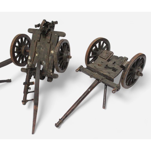 161 - Four various scale model Royal artillery gun carriages, constructed from wood with metal wheels rims... 