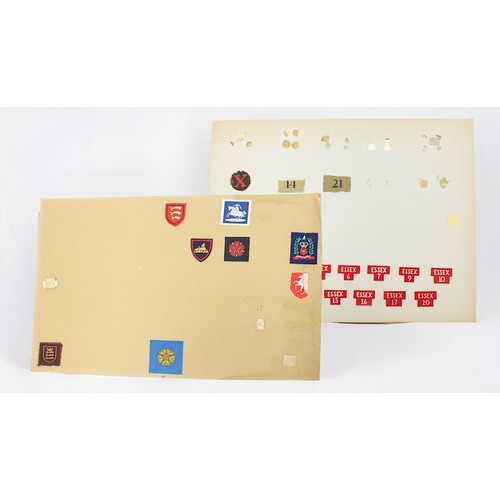 190 - Fifteen card sheets displaying a good collection of assorted cap badges and patches including exampl... 