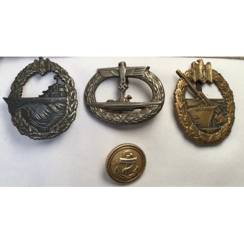 425 - Three WWII German Kriegsmarine military badges, comprising Destroyer Badge, U-boat War Badge, and Co... 