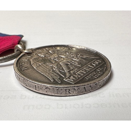 374 - THE WATERLOO MEDAL 1815, named to Frederick Baurmann 1st Regiment Hussars K.G.L. (Kings German Legio... 