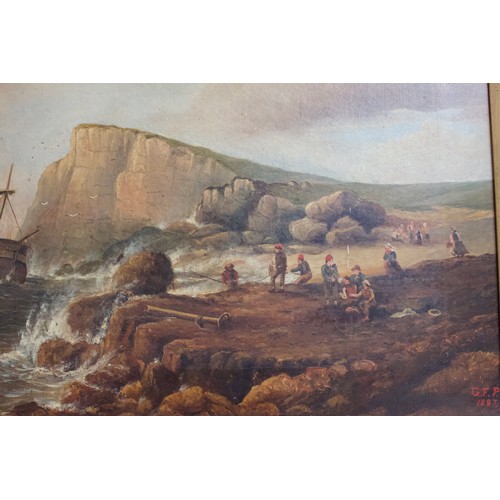 595 - A 19th century coastal study with boat on choppy waters and figures on a cliff edge, with further cl... 