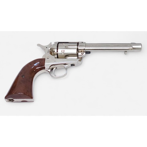 601 - A Colt SAA. 45 CO2 Revolver, with nickel finish and wood effect grip. Calibre .177 BB gun, in origin... 