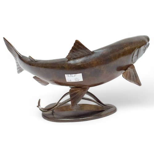 669 - Ian Greensitt (Contemporary), a bronze sculpture of a salmon or trout, raised on integral naturalist... 