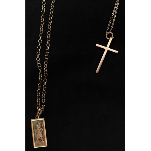 238 - Three various 9ct gold chains (two af), two with 9ct gold religious pendants, including a crucifix a... 