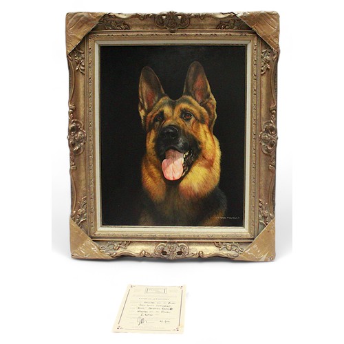 676 - John Lewis Fitzgerald (b.1945) ‘King’ portrait study of an Alsatian, signed, oil on panel, in carved... 