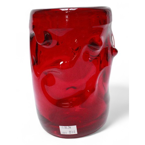 139B - A large Whitefriars ruby red ‘knobbly’ vase, design after William Wilson and Harry Dyer, 24cm