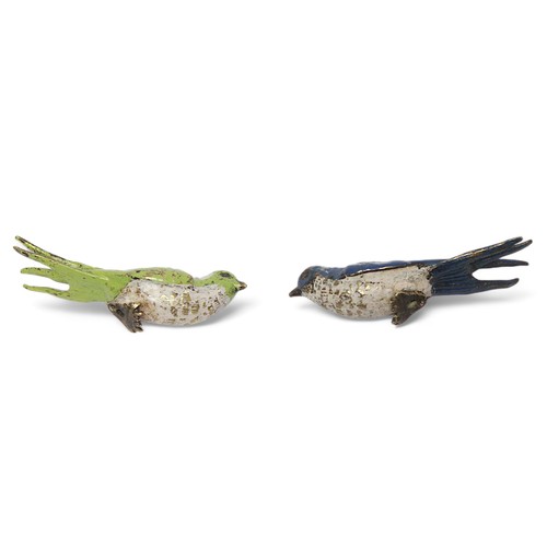 250D - A pair of cast bronze bird statuettes, modelled as swallows, painted green, blue and cream, 8cm