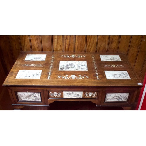 718 - An 19th Century rosewood bureau plat, inlaid with 'en griseille' engraved panels of ivory with ‘drag... 