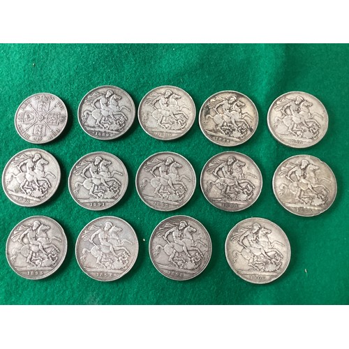 330 - A box containing 13 Victorian crowns (dated from 1889 to 1900) and an 1888 double florin (see 2nd an... 