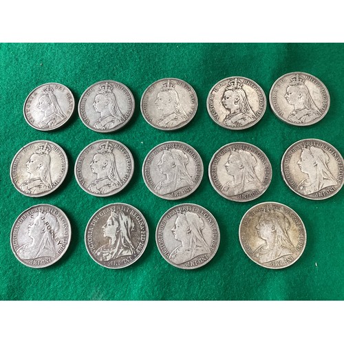 330 - A box containing 13 Victorian crowns (dated from 1889 to 1900) and an 1888 double florin (see 2nd an... 