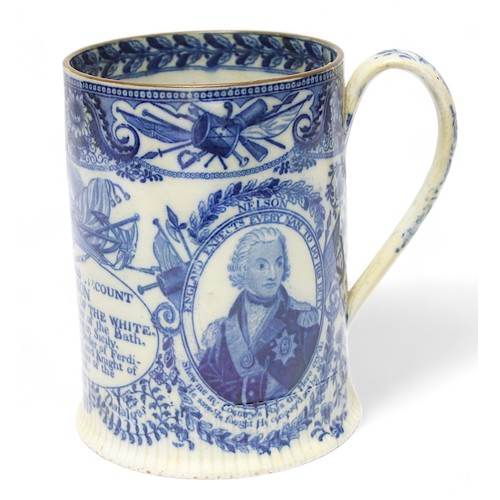 59 - An early 19th Century Staffordshire pearlware commemorative Nelson tankard, transfer-printed in blue... 