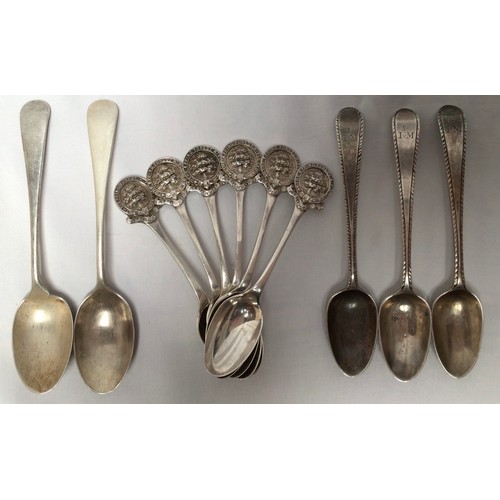 166 - Eleven various silver teaspoons, including three by Charles Horner, a set of six souvenir spoons for... 