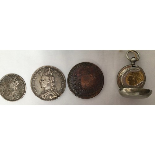 358 - Three various 19th Century coins, comprising 1892 Queen Victoria silver crown, 1862 Indian silver On... 