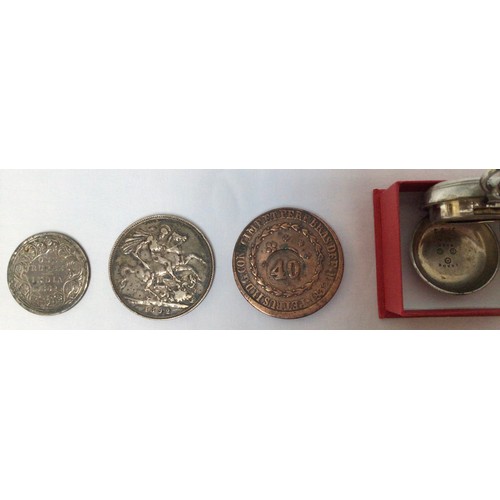 358 - Three various 19th Century coins, comprising 1892 Queen Victoria silver crown, 1862 Indian silver On... 