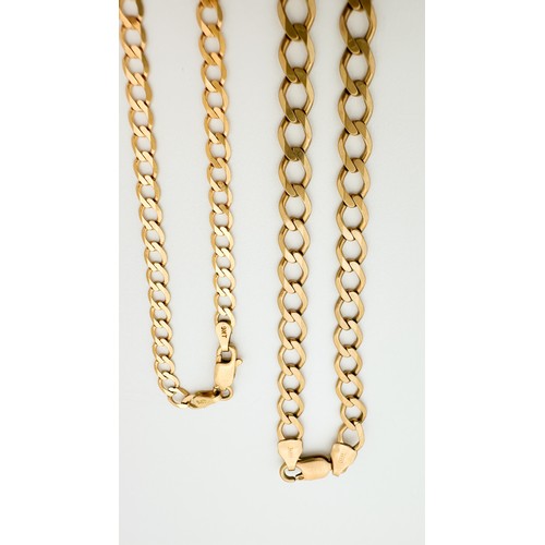 246 - Two 9ct gold flat curb link chains, total weight 19.3 grams.