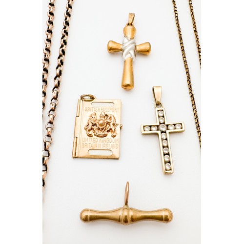 250 - Two 9ct yellow gold cross pendants, together with a 9ct yellow gold passport pendant, and various go... 