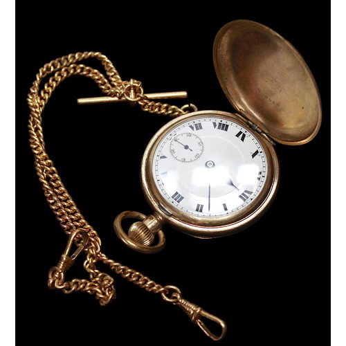 215 - A gold-plated full hunter pocket watch, with gold-coloured Albert chain and T-bar, the white enamel ... 