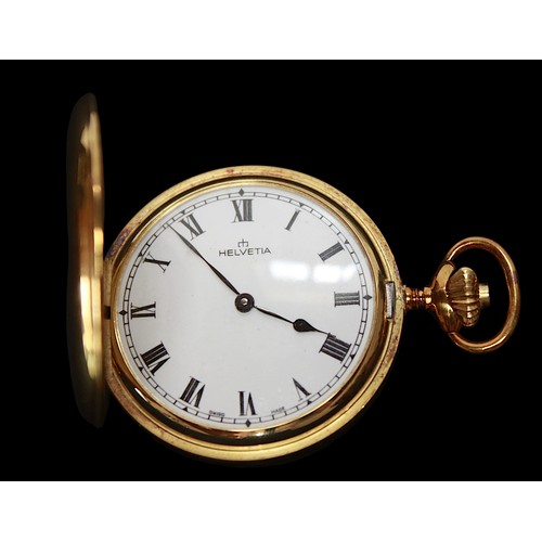 218 - A gold-plated full hunter pocket watch by Helvetia, the white enamel dial with Roman numerals denoti... 