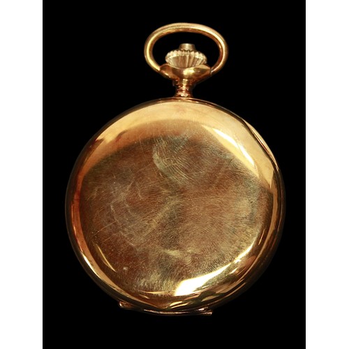 218 - A gold-plated full hunter pocket watch by Helvetia, the white enamel dial with Roman numerals denoti... 