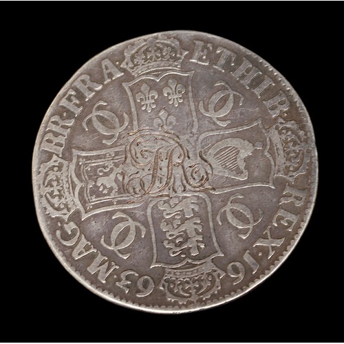 355 - A Charles II 1663 silver crown, with overstruck initials ‘RH’ and ‘CG’ and with ‘JR’ to obverse, con... 