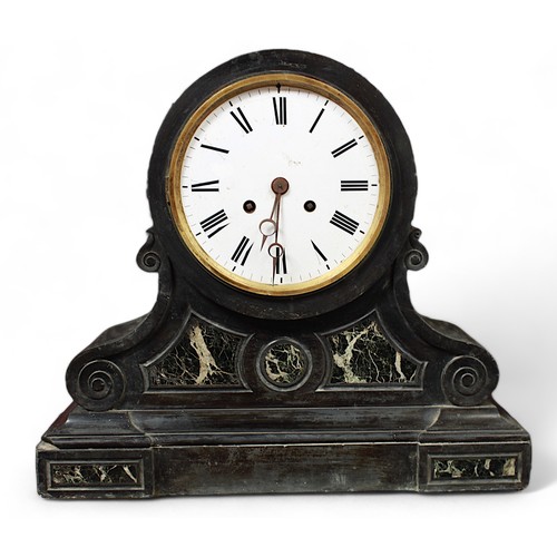 560 - A Victorian black slate and mantel clock, 1920s oak wall clock, and various clock pendulums and a mo... 